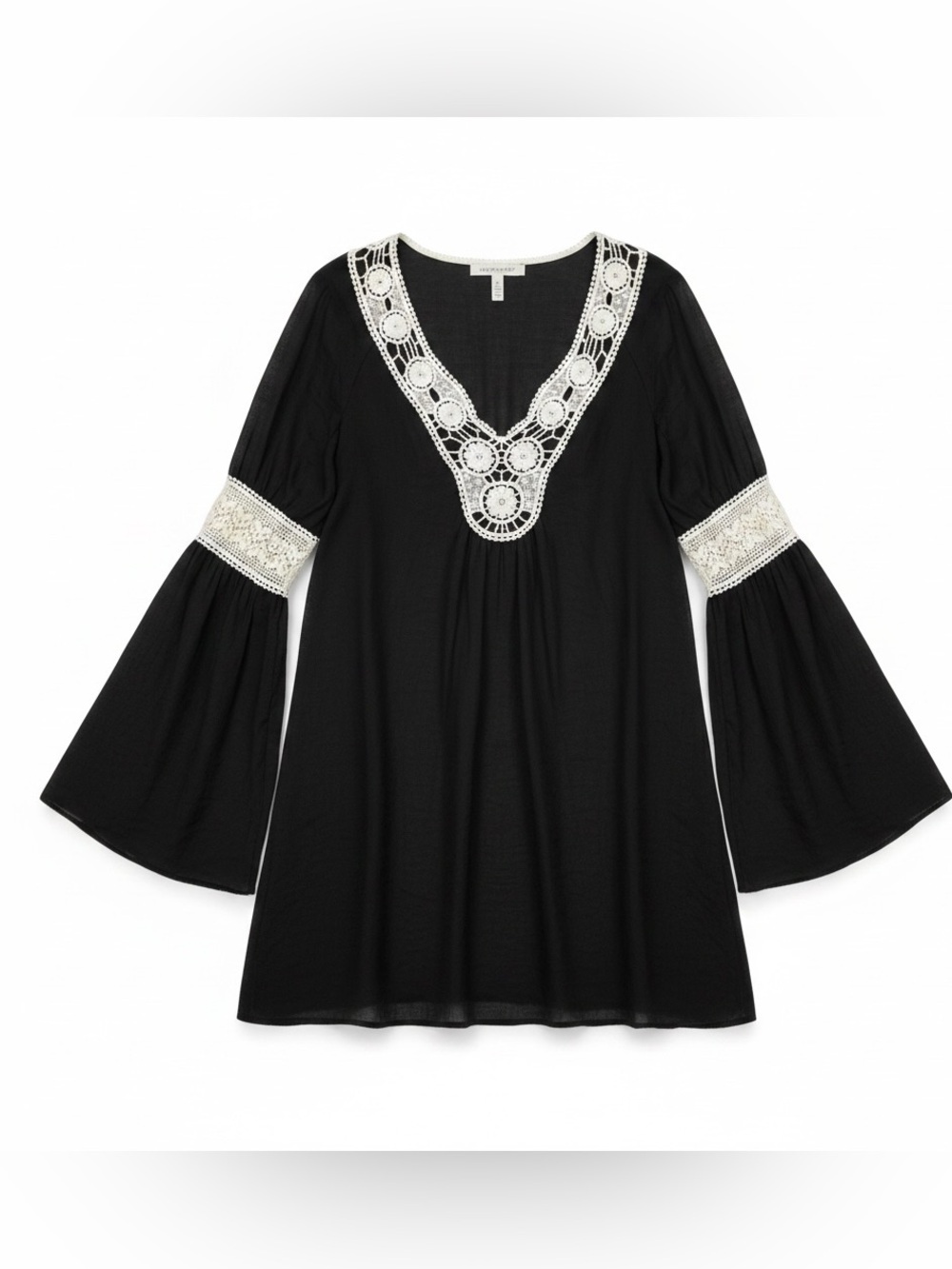 Umgee Black Bell Sleeve Boho Tunic Top Crochet Trim Size Small